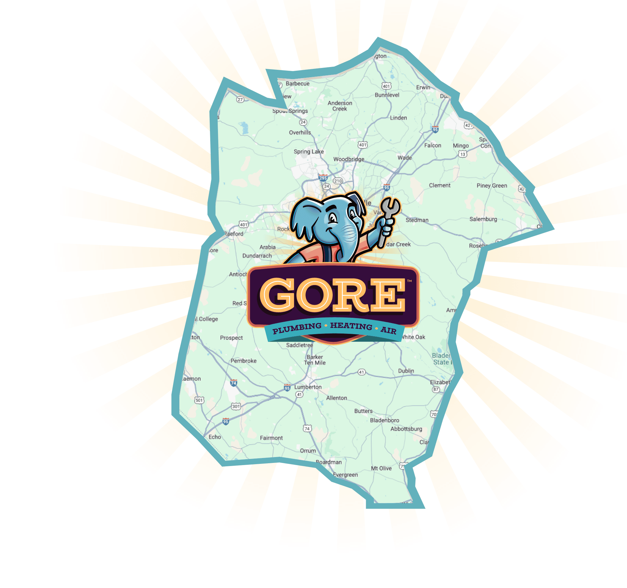 Service area for Gore Plumbing, Heating & Air, covering Fayetteville, NC, and throughout Cumberland County.