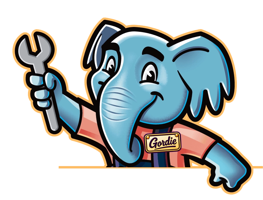 Cartoon elephant mechanic holding a wrench, wearing overalls with a Gordie name tag.