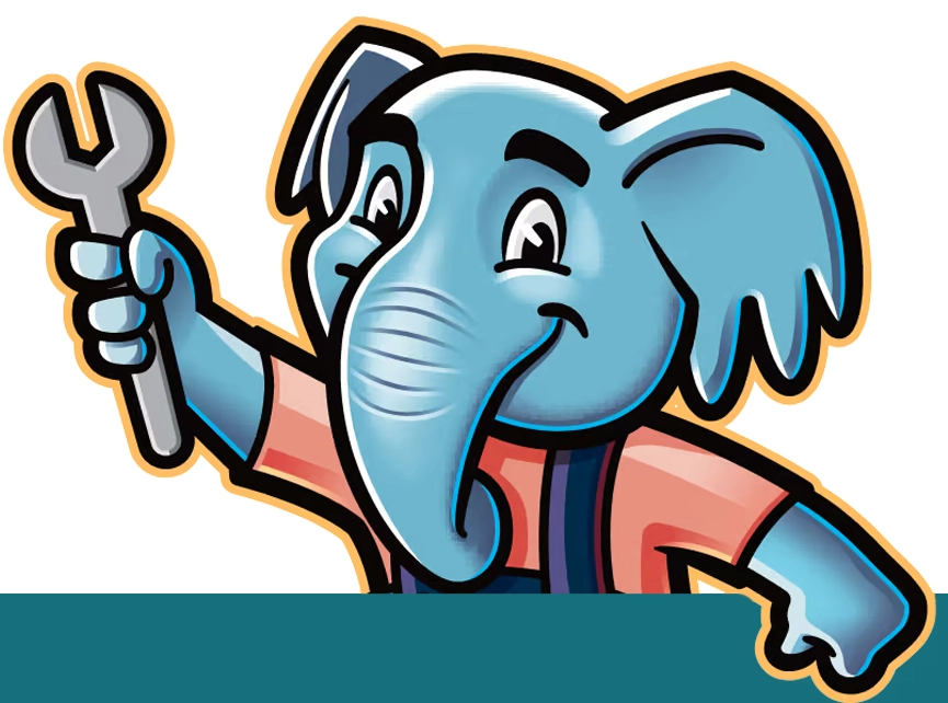 Cartoon blue elephant holding a wrench, wearing overalls, smiling. Perfect for mechanical or handyman themes.