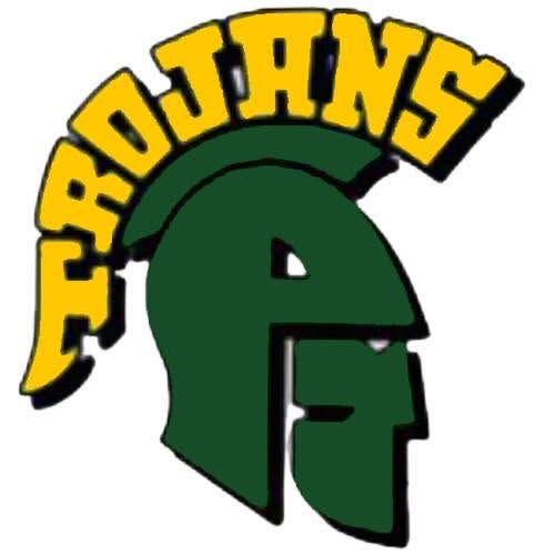 Green Trojan warrior helmet logo with bold yellow TROJANS text above.
