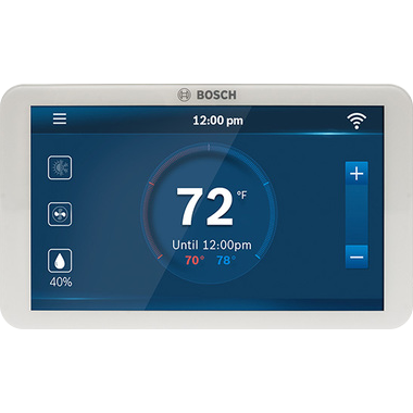 Smart thermostat interface displaying temperature set to 72°F with humidity controls, Wi-Fi connected.