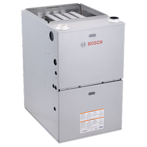 Modern Bosch gas furnace in silver, front and top view, ideal for home heating solutions.
