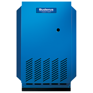 Blue Buderus Logano heater front view, showcasing its design and brand logo. Efficient and modern heating solution.