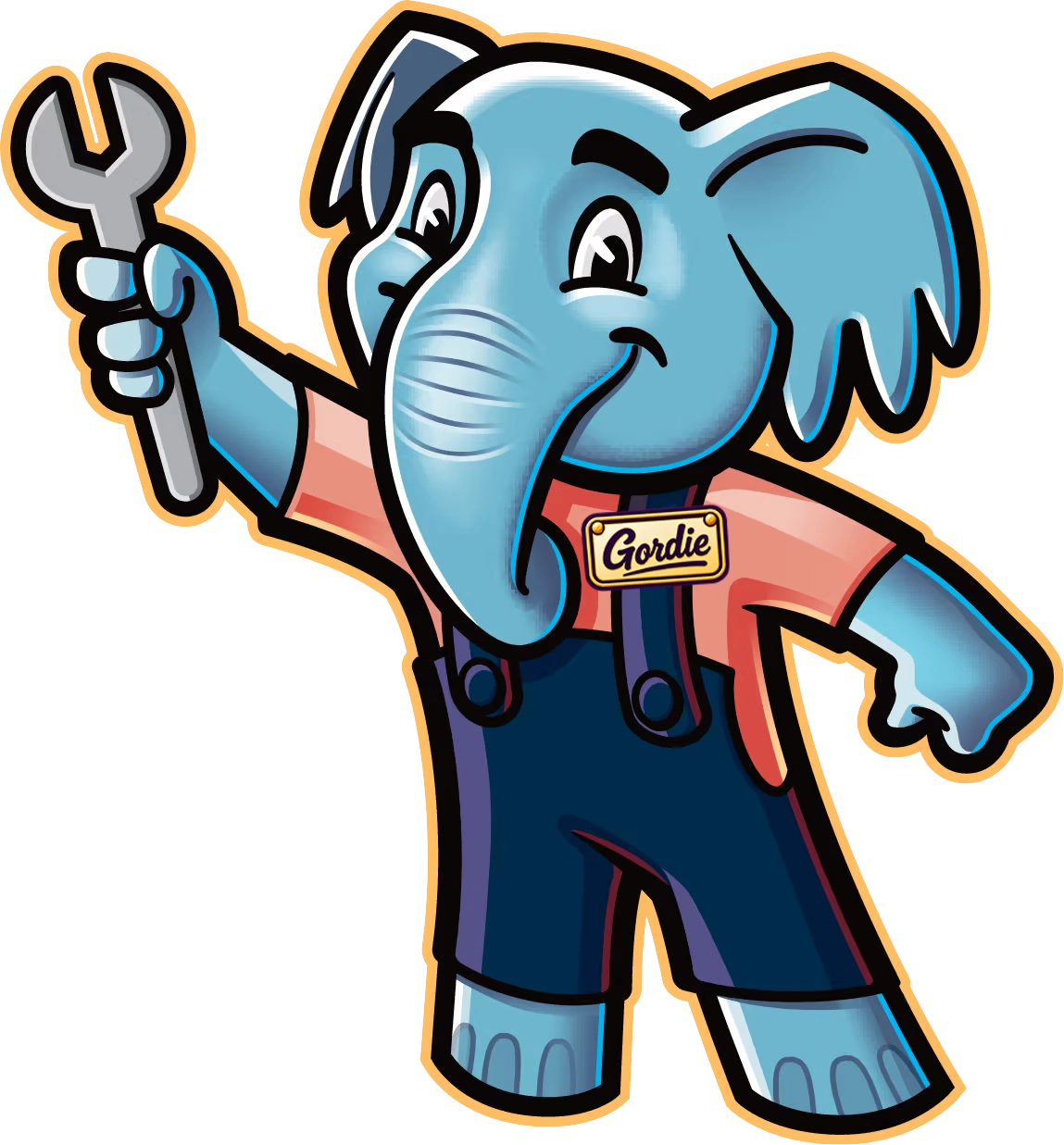 Cartoon elephant in overalls holding a wrench, named Gordie, symbolizing repair and maintenance services.