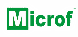 Green and white logo with the stylized text Microf, featuring a prominent M in a box, resembling a tech brand design.