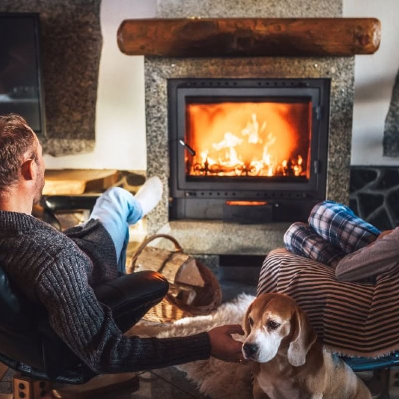 Cozy scene with family by the fireplace, relaxing with a dog. Warmth and comfort at home during winter.