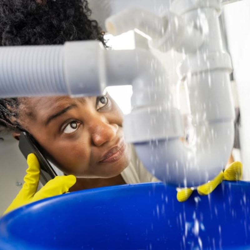 Woman fixing a leaking pipe under sink while on phone call, wearing rubber gloves, blue bucket catching water.