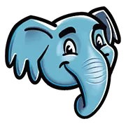Cartoon blue elephant head with expressive eyes and a curved trunk on a transparent background.