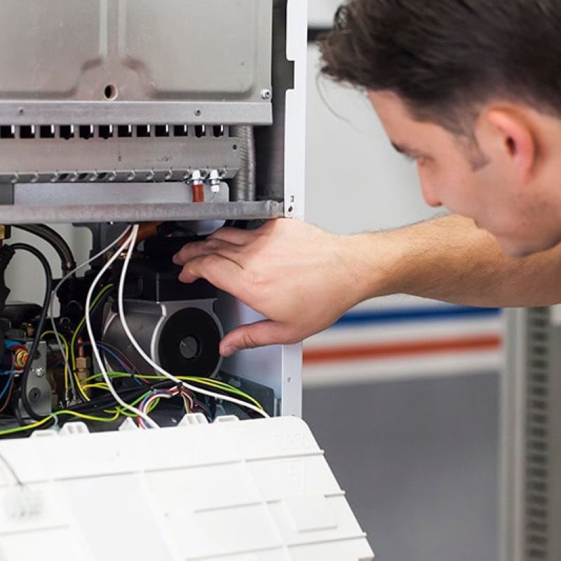 Technician repairing a boiler, adjusting internal components and wiring for optimal performance and safety.