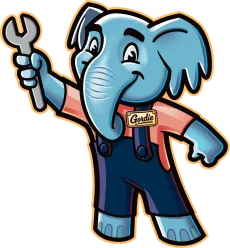 Cartoon elephant in overalls holding a wrench, named Gordie, symbolizing repair and maintenance services.