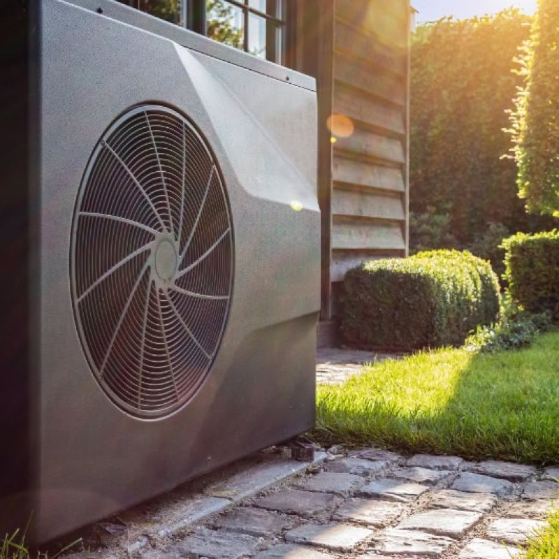 Outdoor heat pump beside a house on a sunny day, highlighting energy-efficient heating and cooling technology.