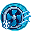 Cooling fan icon with snowflake and blue swirls, symbolizing cold air and temperature control.