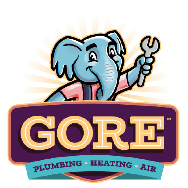 Elephant mascot holding a wrench for Gore Plumbing, Heating, Air logo.