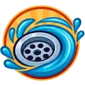 Shiny drain with swirling blue water, illustrating efficient and powerful plumbing or drainage system.