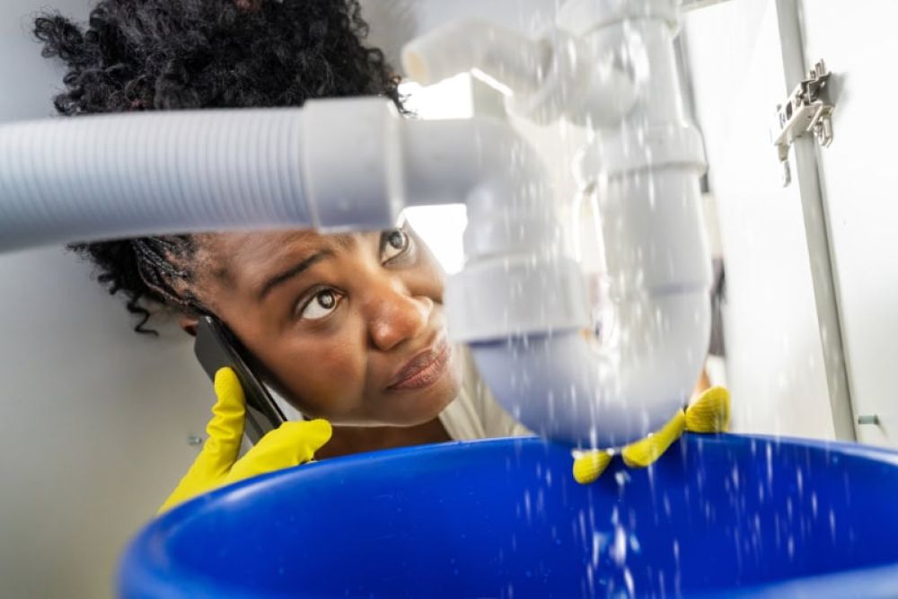 Woman fixing a leaking pipe under sink while on phone call, wearing rubber gloves, blue bucket catching water.