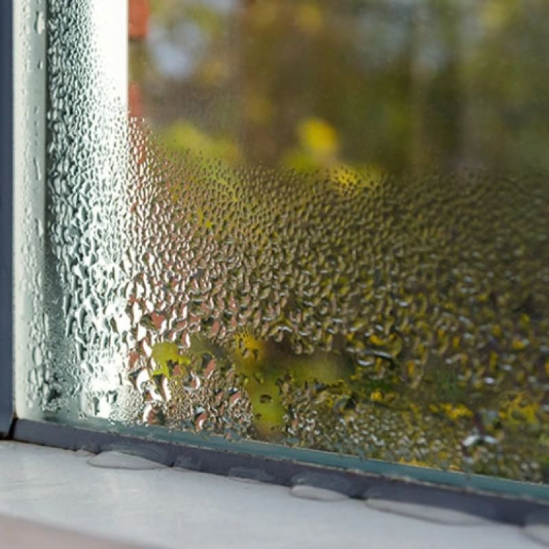 Condensation on a window pane with a blurred natural background, highlighting humidity and temperature difference effects.